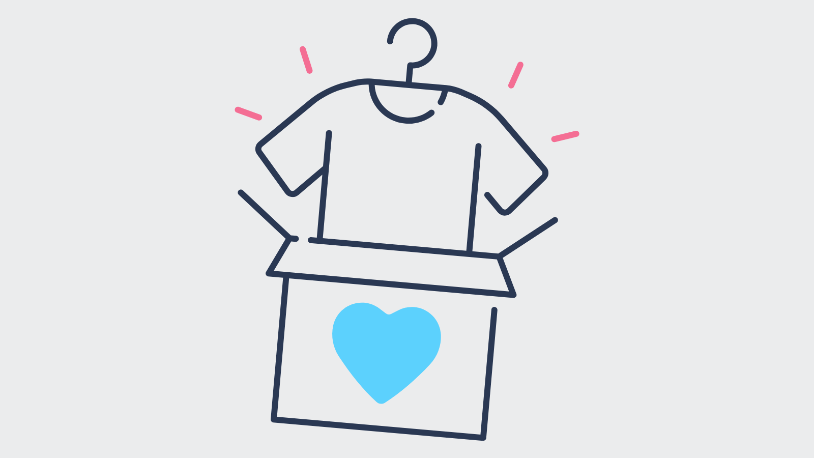 A T-shirt on a hanger bursting out of a box with a heart on the front