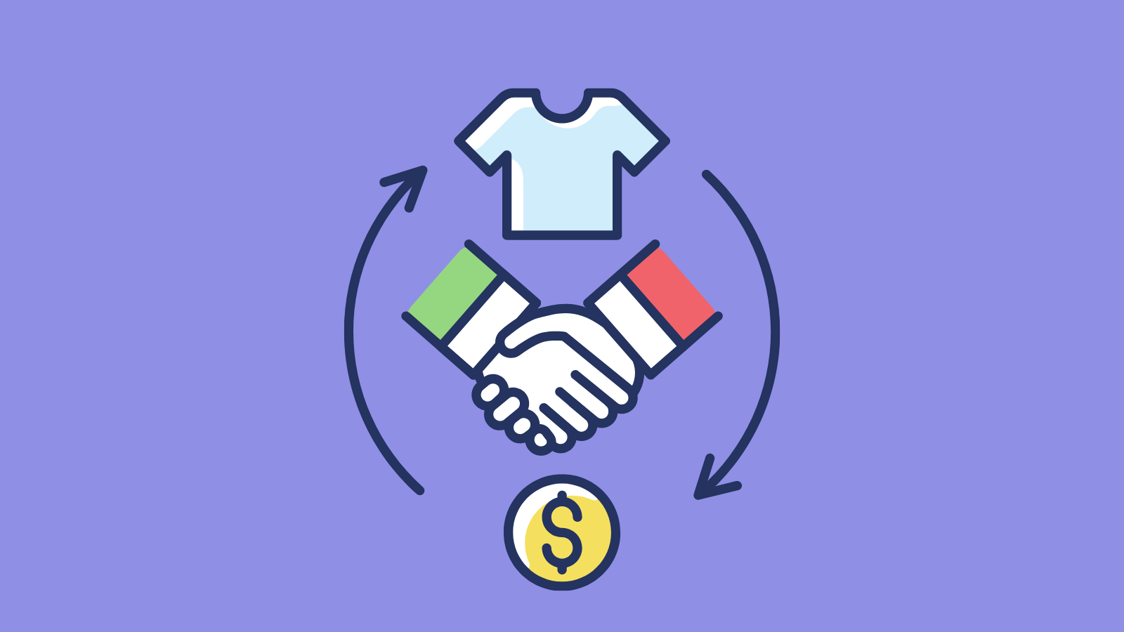 A T-shirt, a handshake icon, and a dollar sign encircled by two arrows