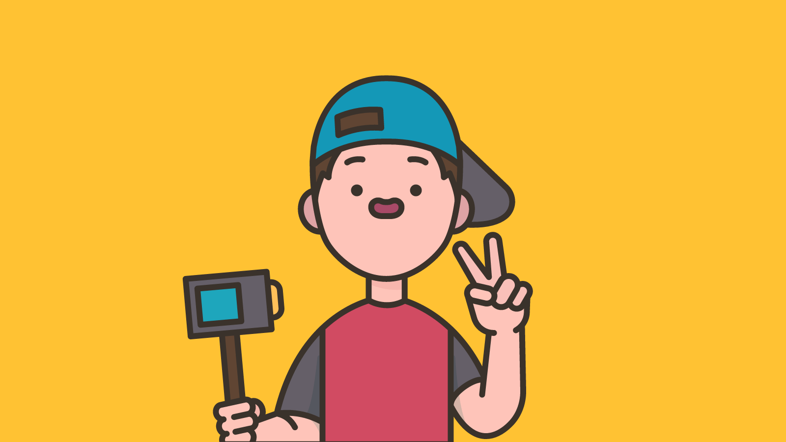 A boy in a backwards baseball cap filming himself with a selfie stick and holding up a peace sign 