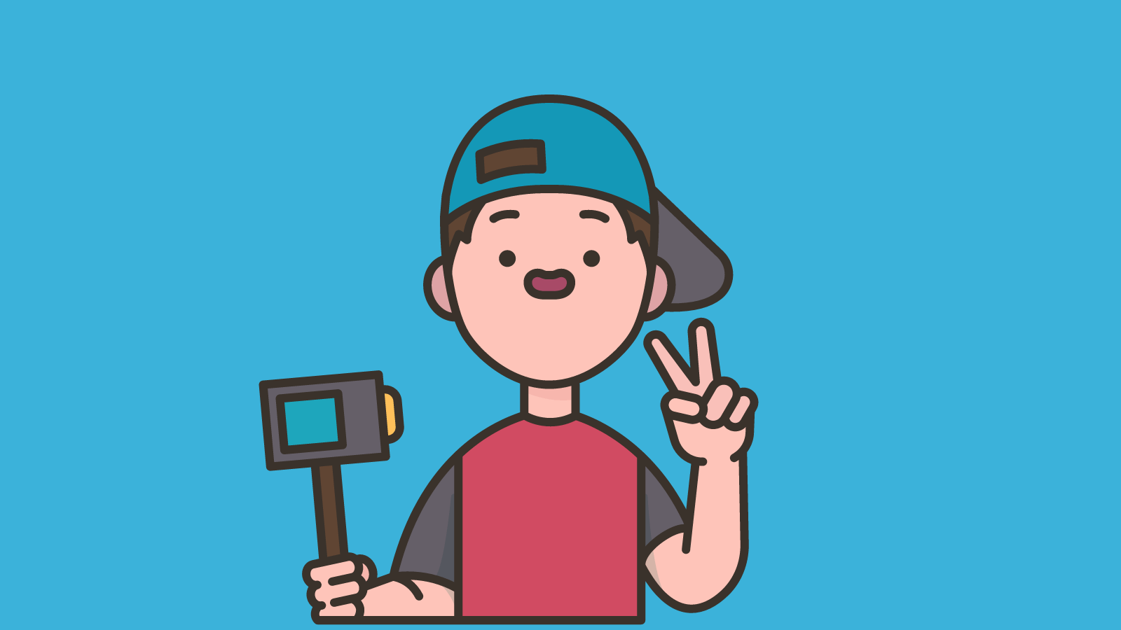 A boy in a backwards baseball cap filming himself with a selfie stick and holding up a peace sign