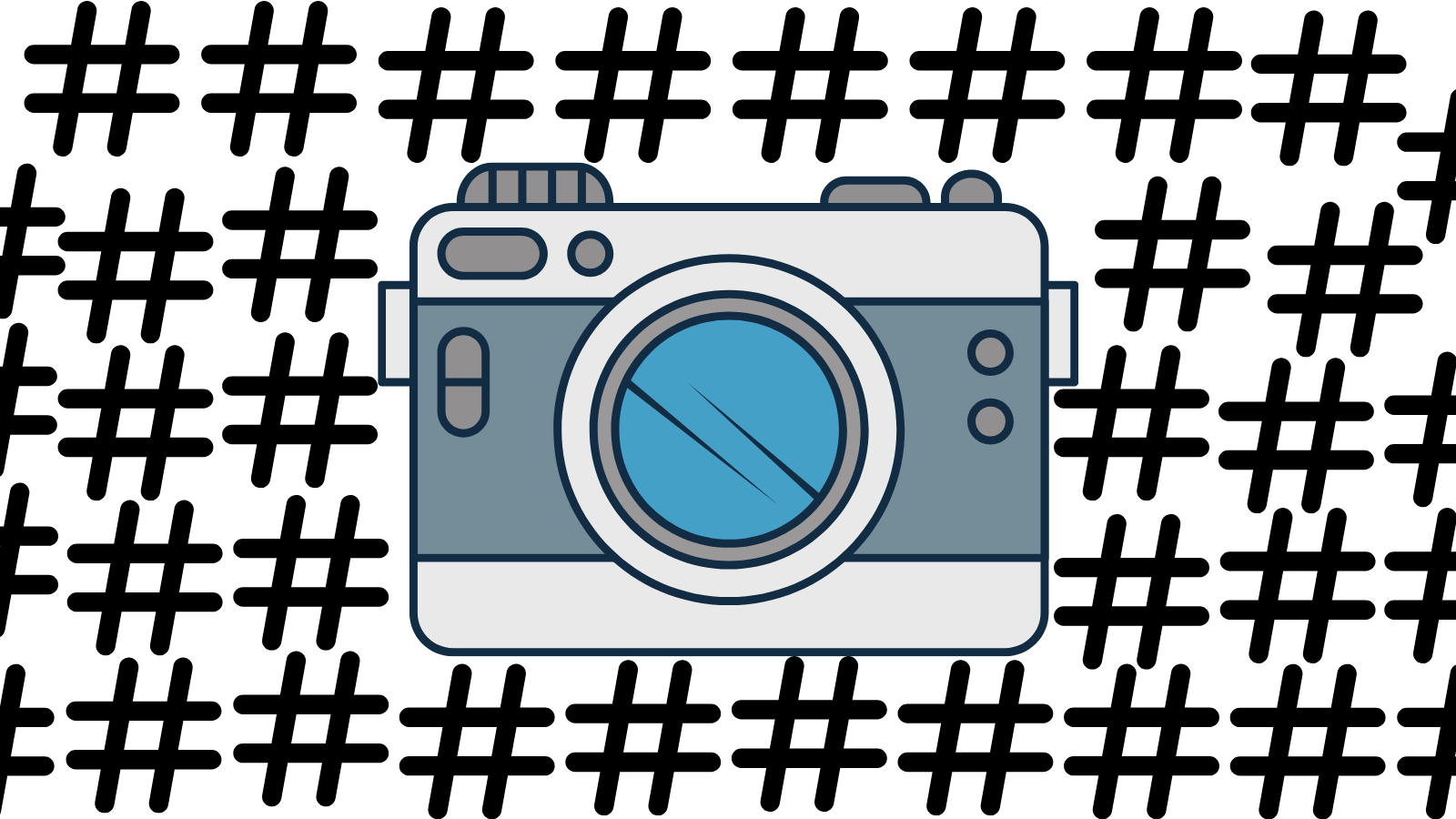 A camera surrounded by hashtags