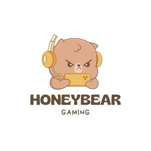 A cartoon bear playing a video game and text that reads Honeybear gaming
