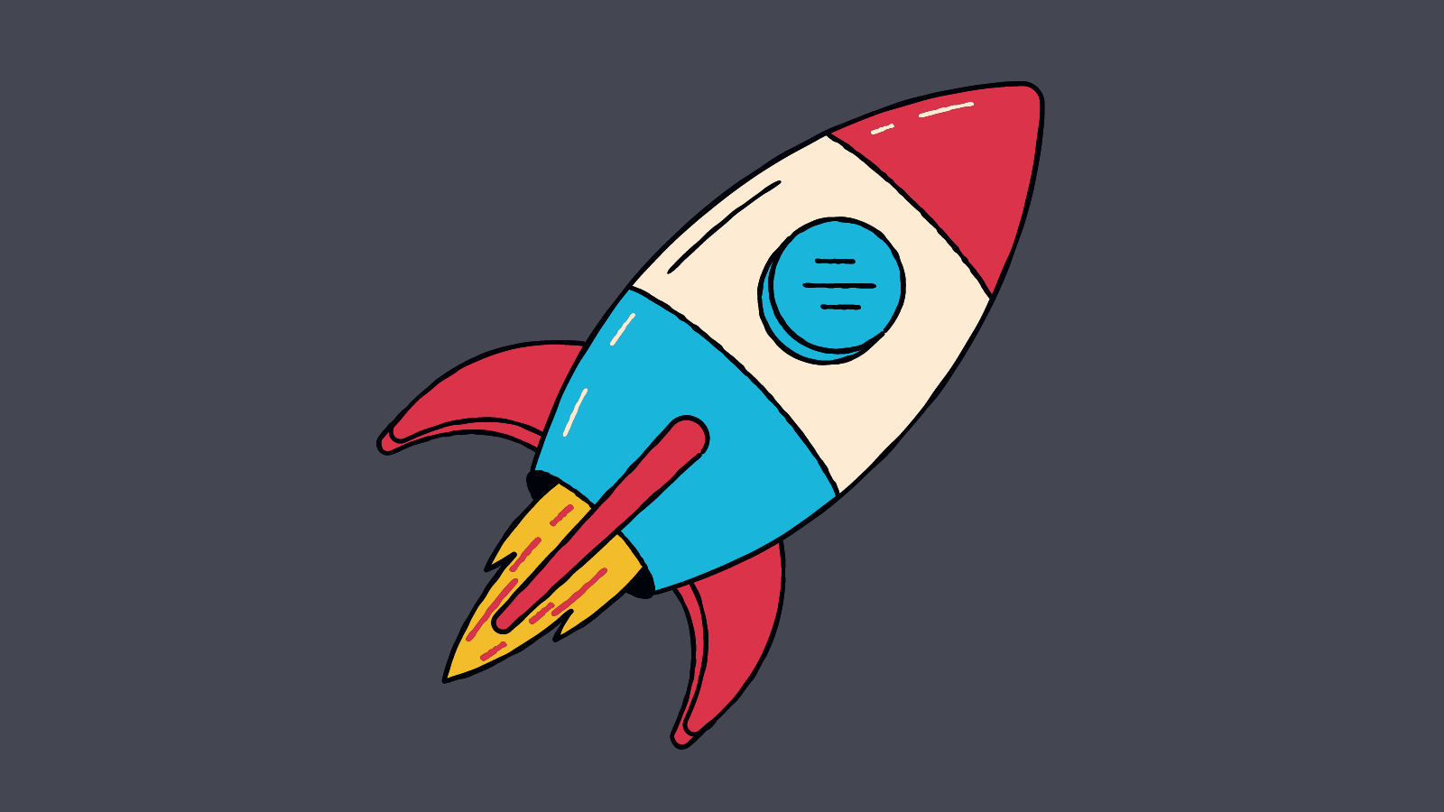 A cartoon-style rocket taking off