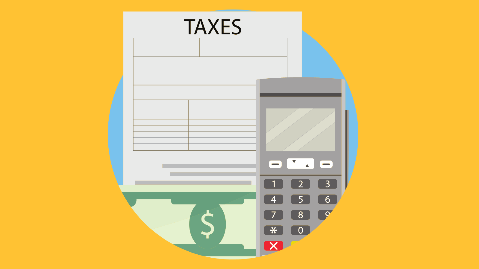 A circular icon with a tax form, a dollar bill, and a calculator inside