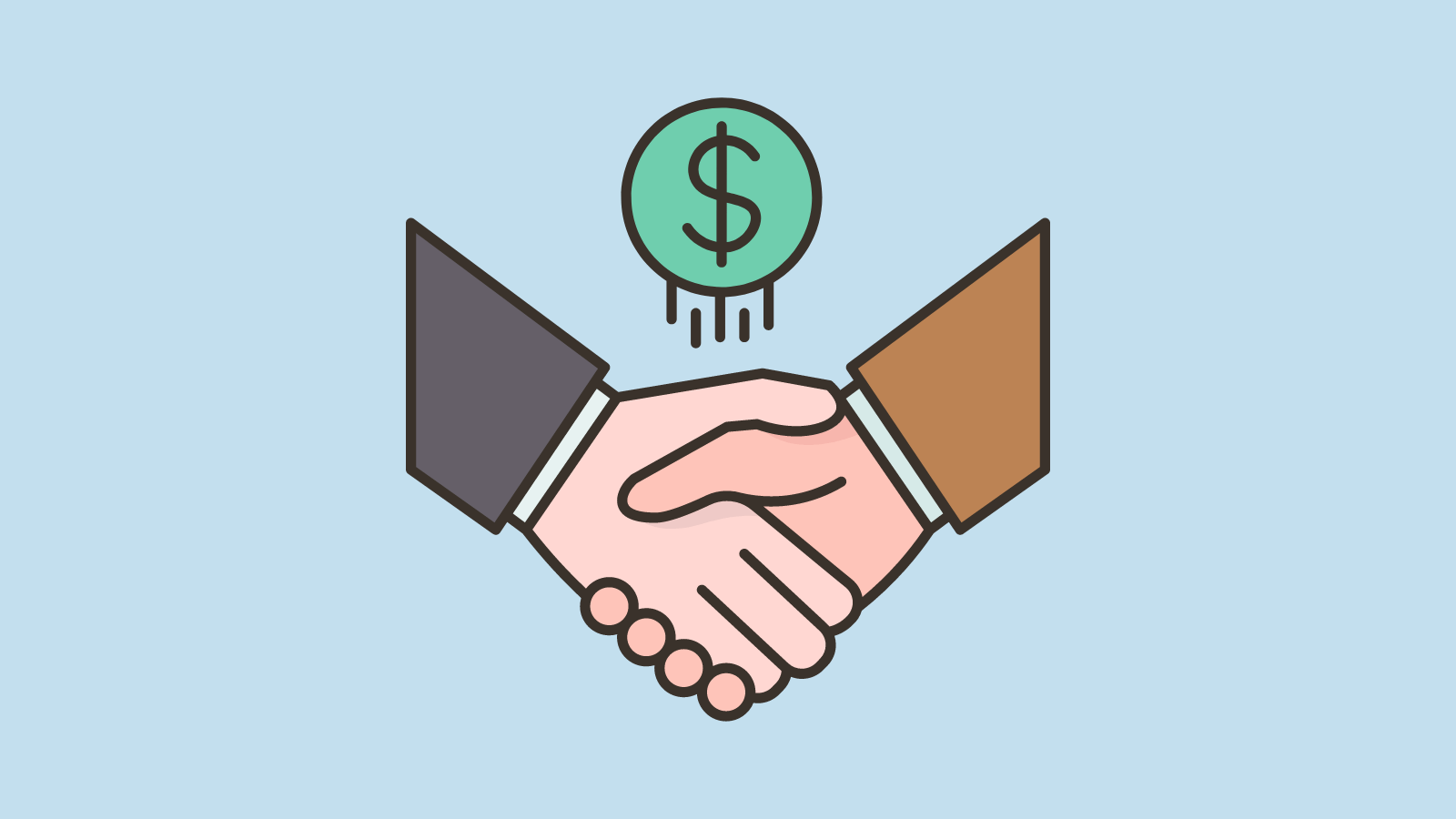 A closeup of a handshake with a dollar sign behind it