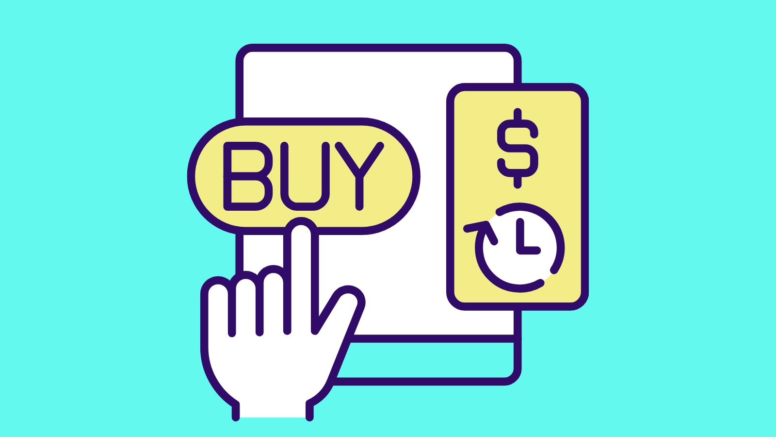 A cursor clicking a button with the word BUY and a credit card with a clock on it nearby