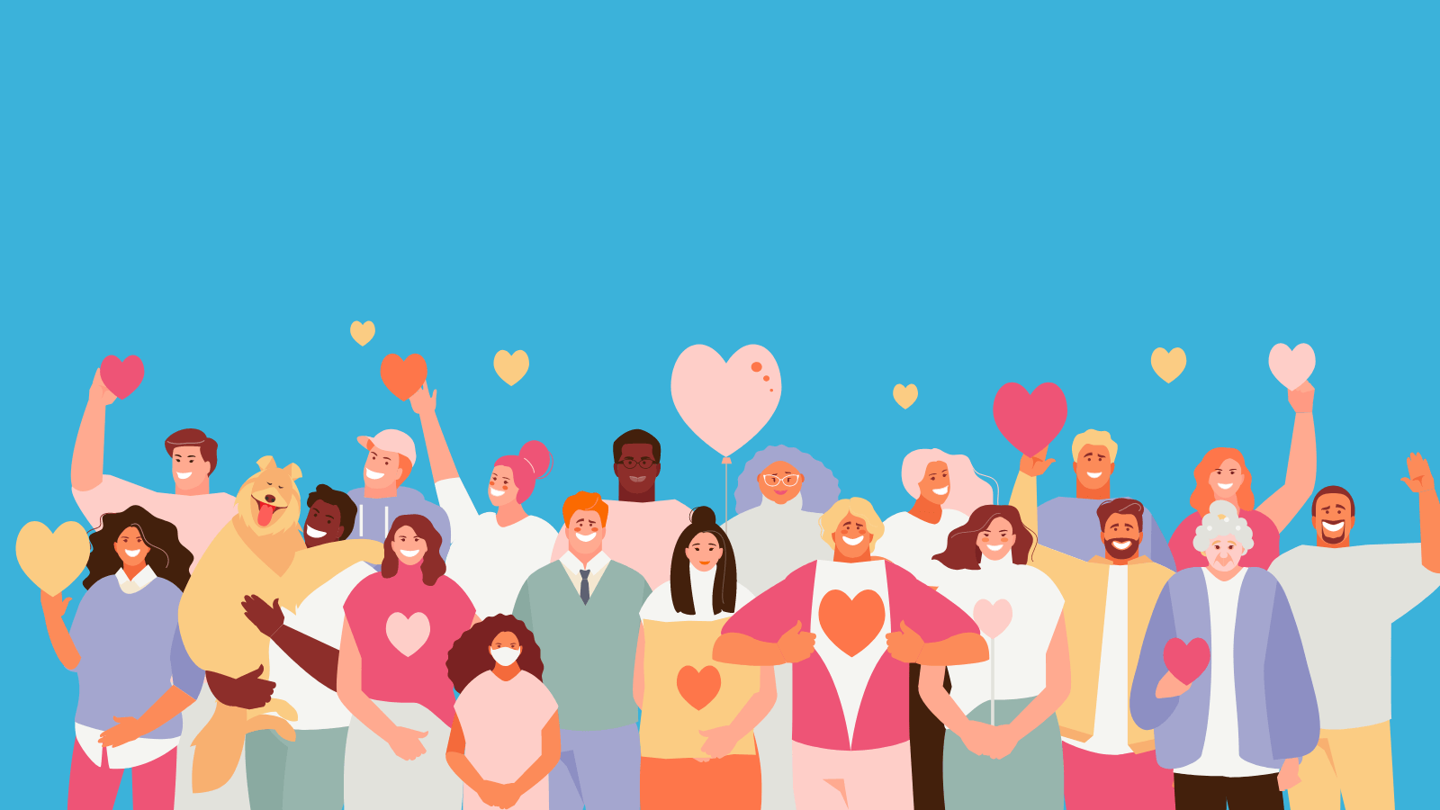A diverse crowd of people holding hearts