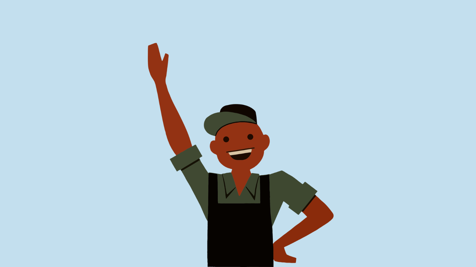 A food service worker wearing an apron and a baseball cap