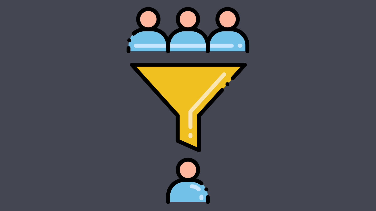 A funnel with three people on the top and one person on the bottom