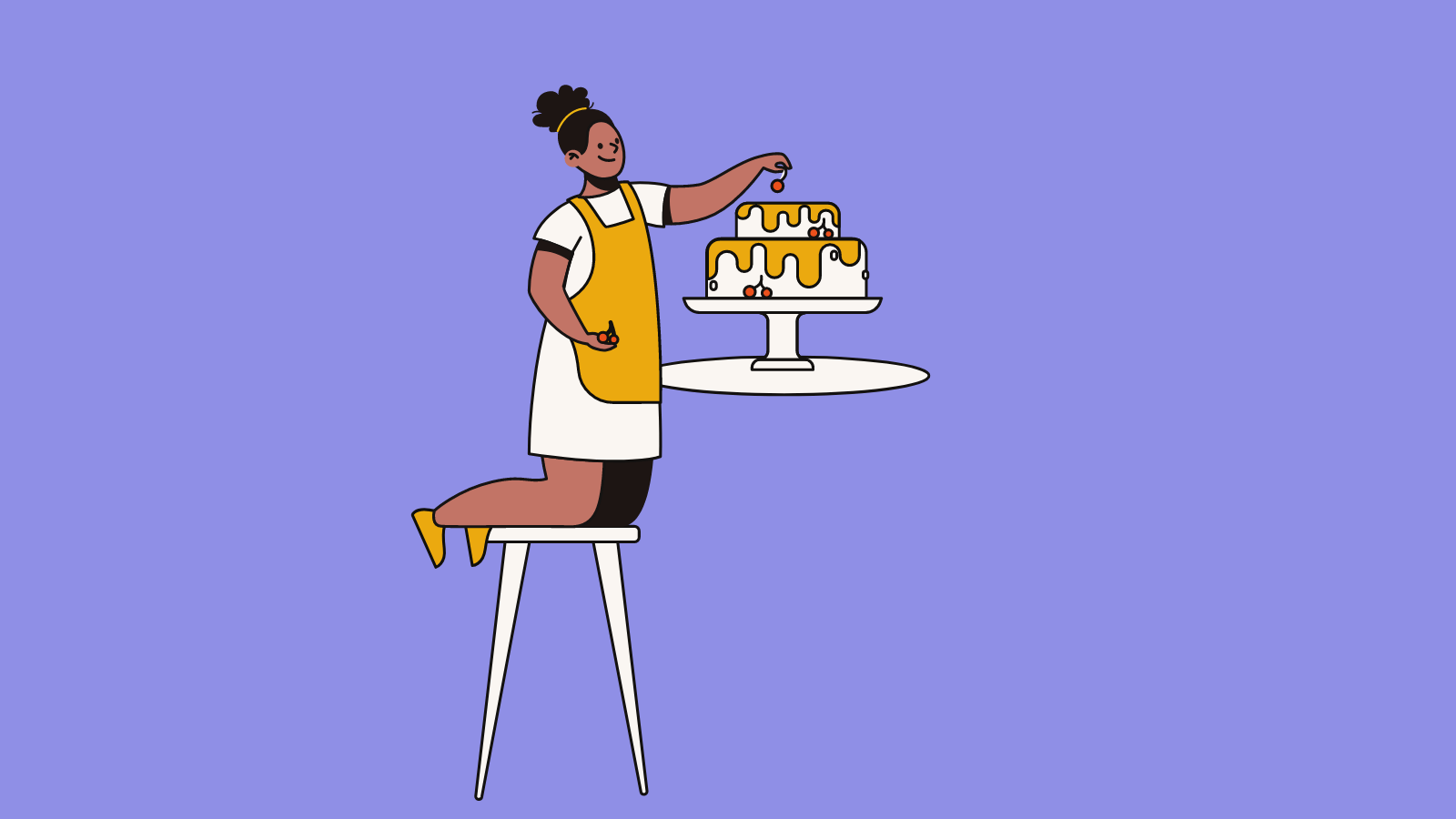 A girl kneeling on a stool and decorating a cake