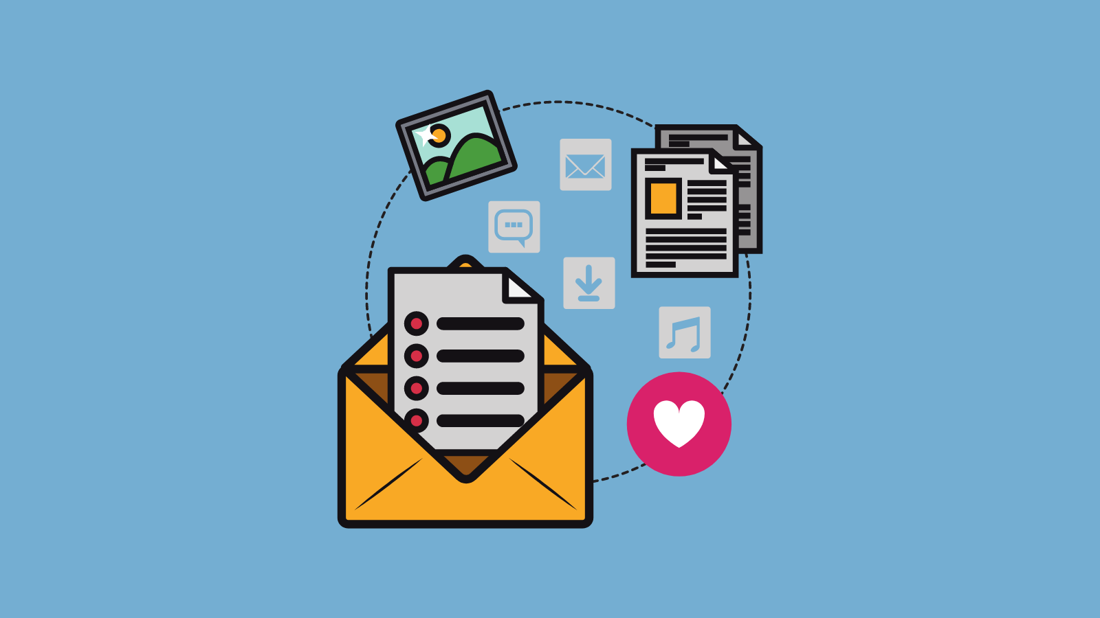 A graphic depicting various forms of communication including an email icon, a newspaper, a download symbol, a text message bubble, a simple landscape photo, and a heart react icon