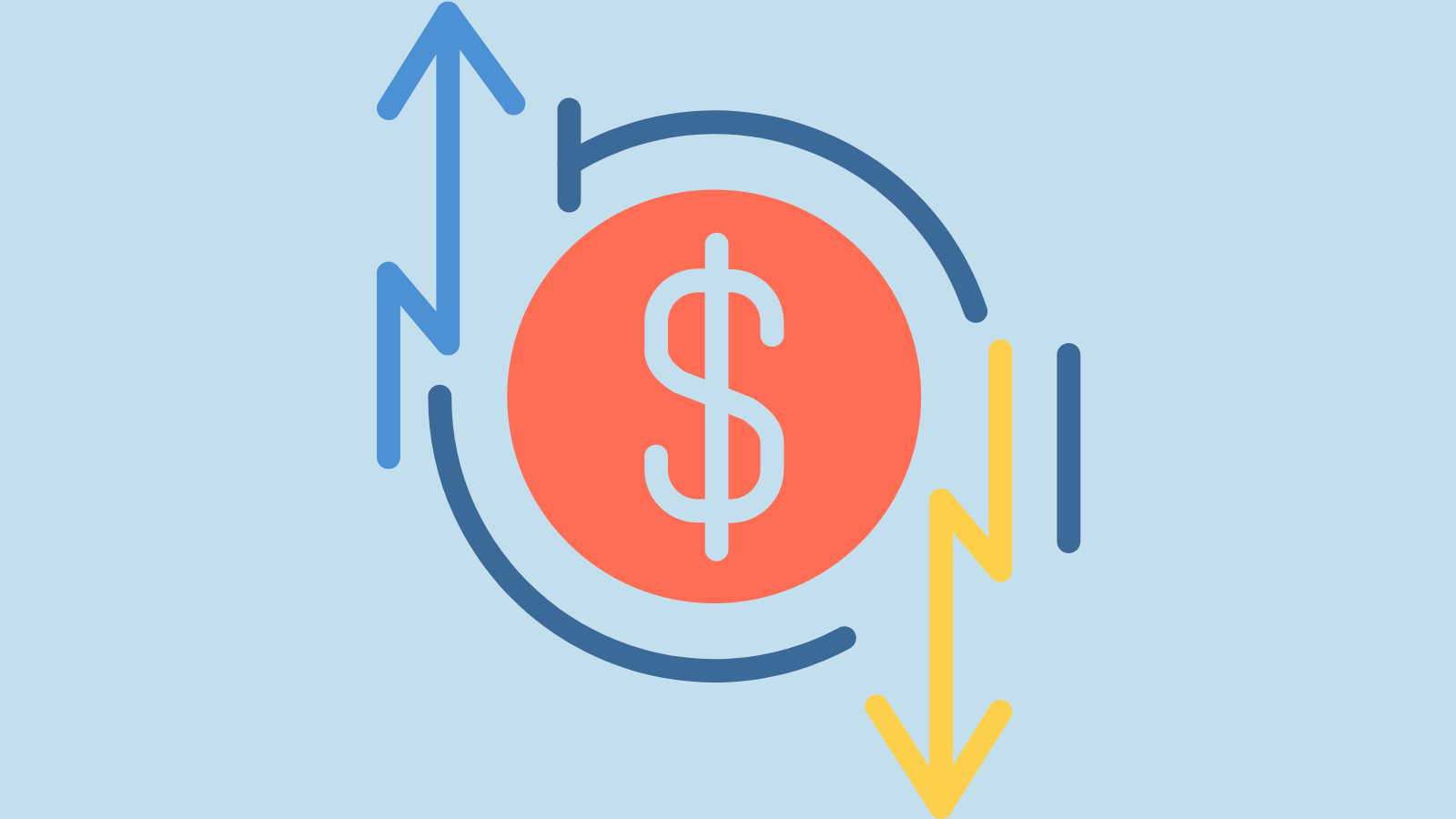 A graphic of a dollar sign in a circle with a jagged arrow pointing up on the left and a jagged arrow pointing down on the right