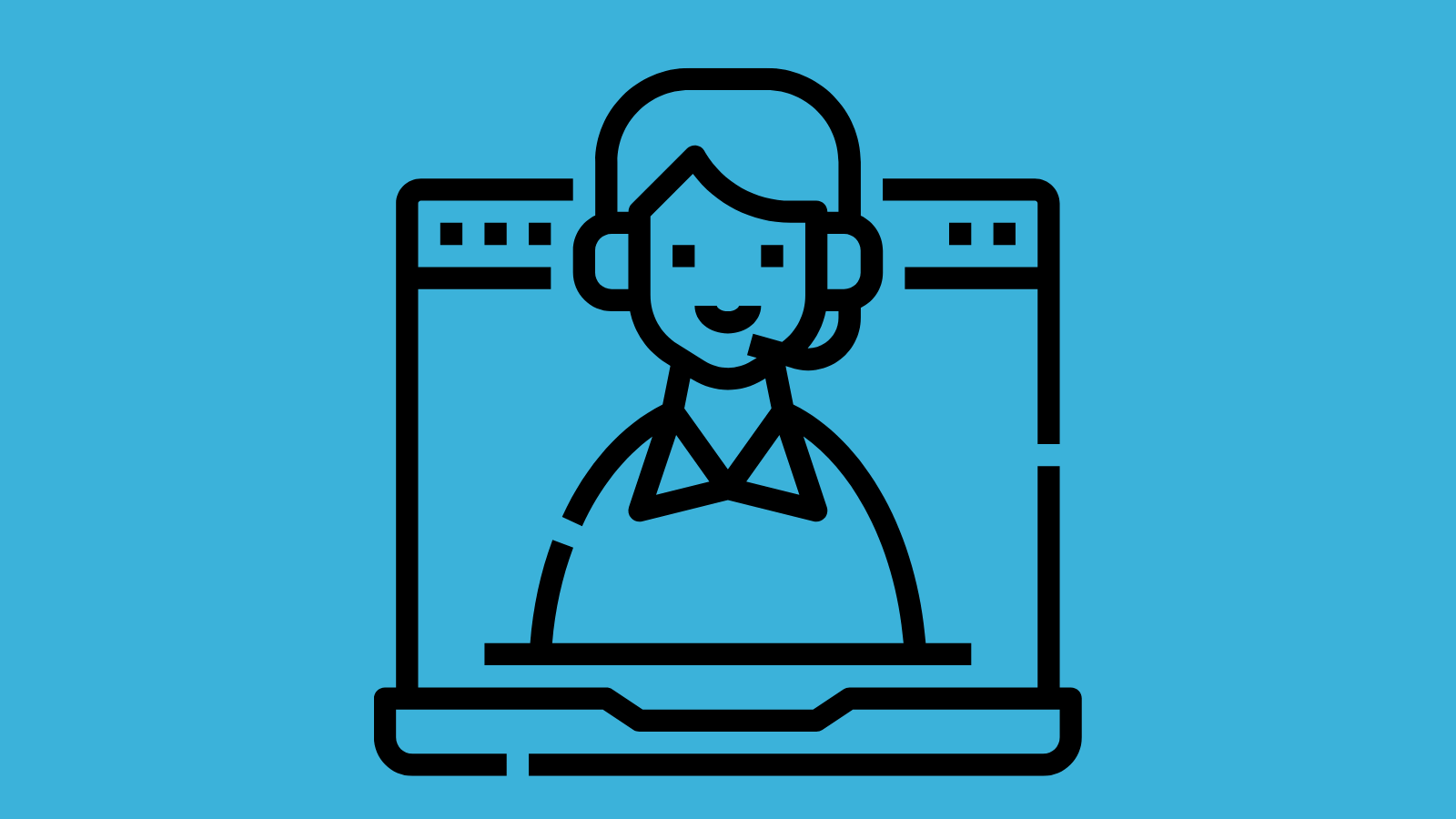 A graphic of a laptop with a person wearing a headset on-screen