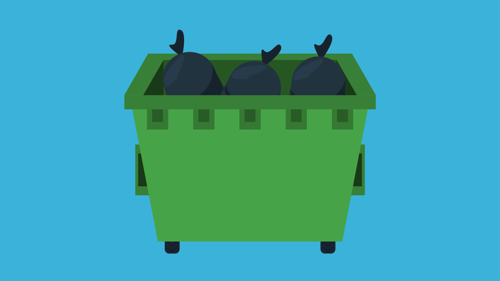 A green dumpster with three garbage bags inside