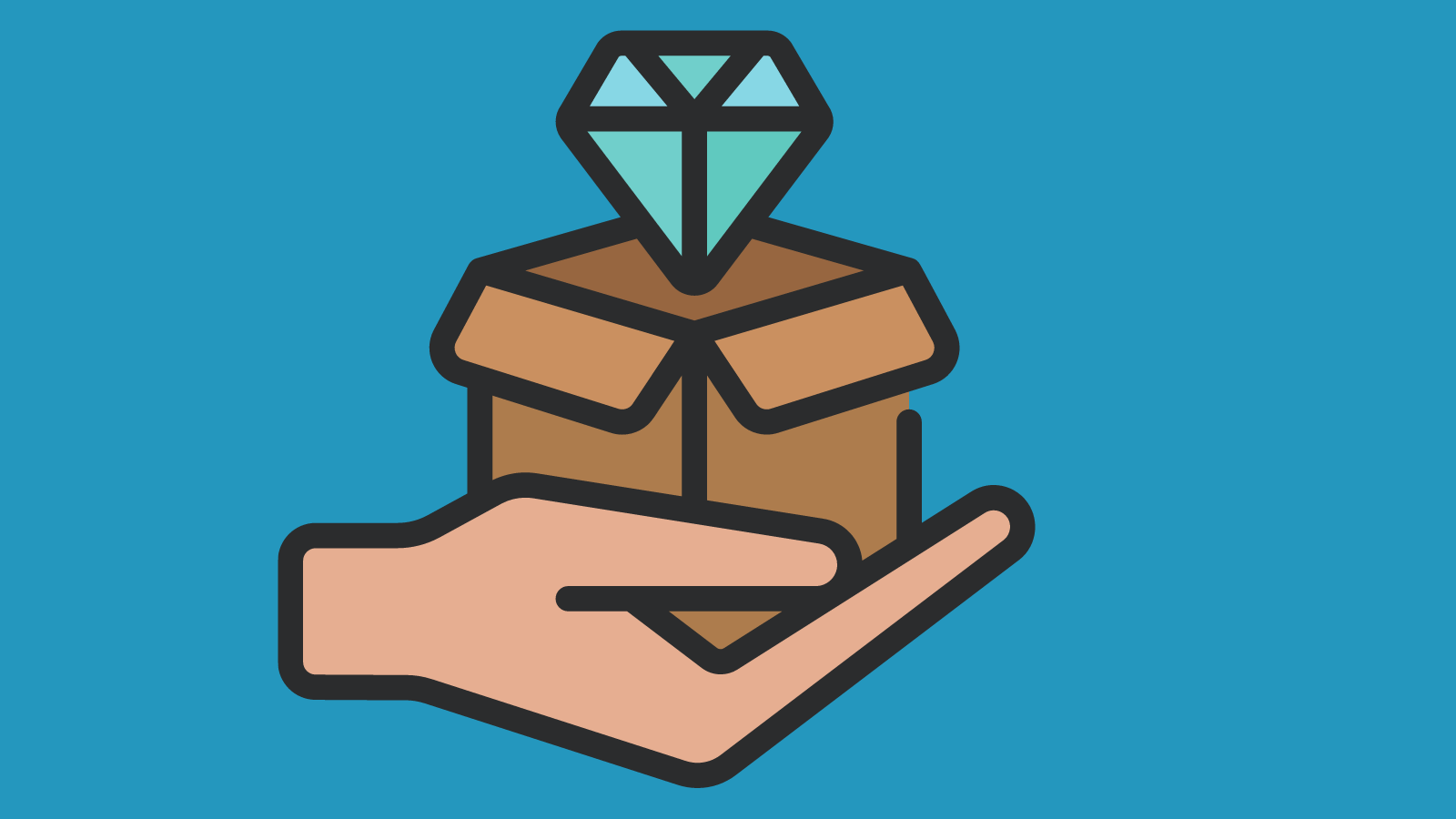 A hand holding out a small cardboard box with a diamond above it