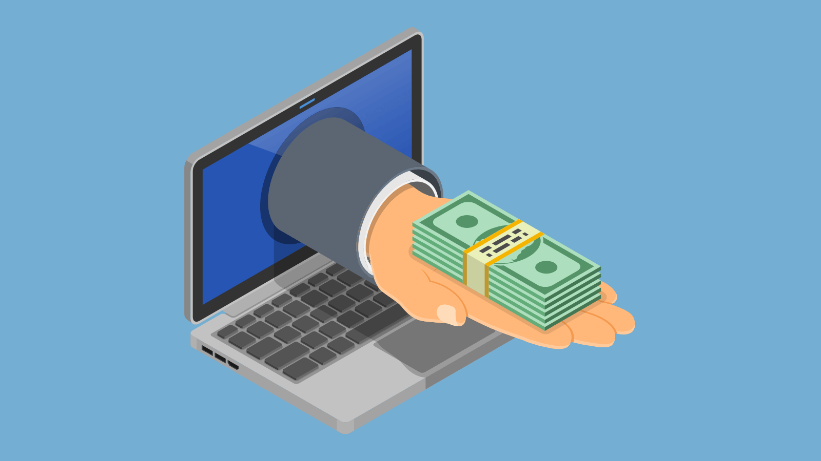A hand with a stack of money reaching out of a laptop screen