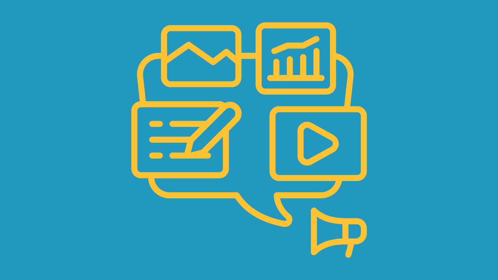 A large speech bubble filled with a notebook, a photo icon, a graph, and a video icon pointing to a small megaphone