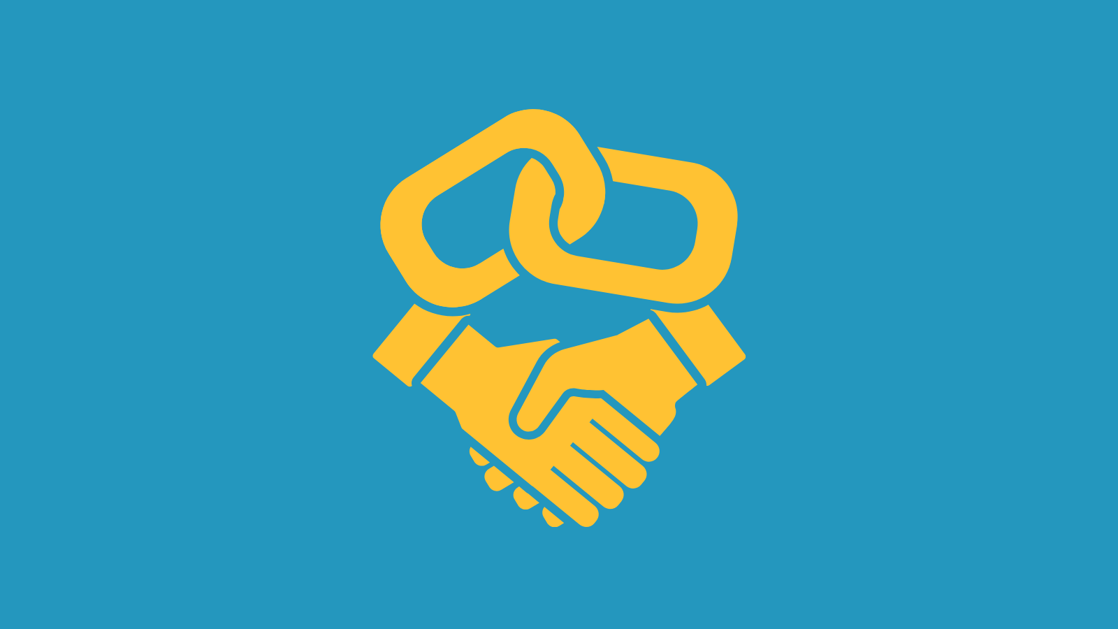 A link symbol above a handshake