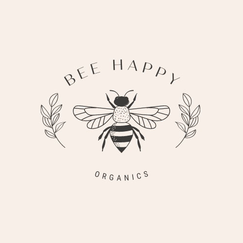 A logo with a bee and text that reads Bee Happy Organics