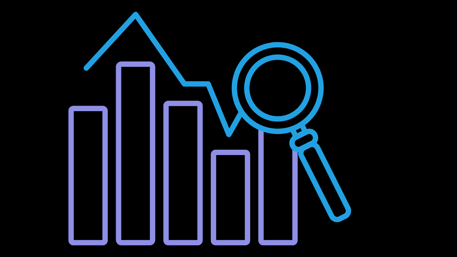 A magnifying glass and a bar graph