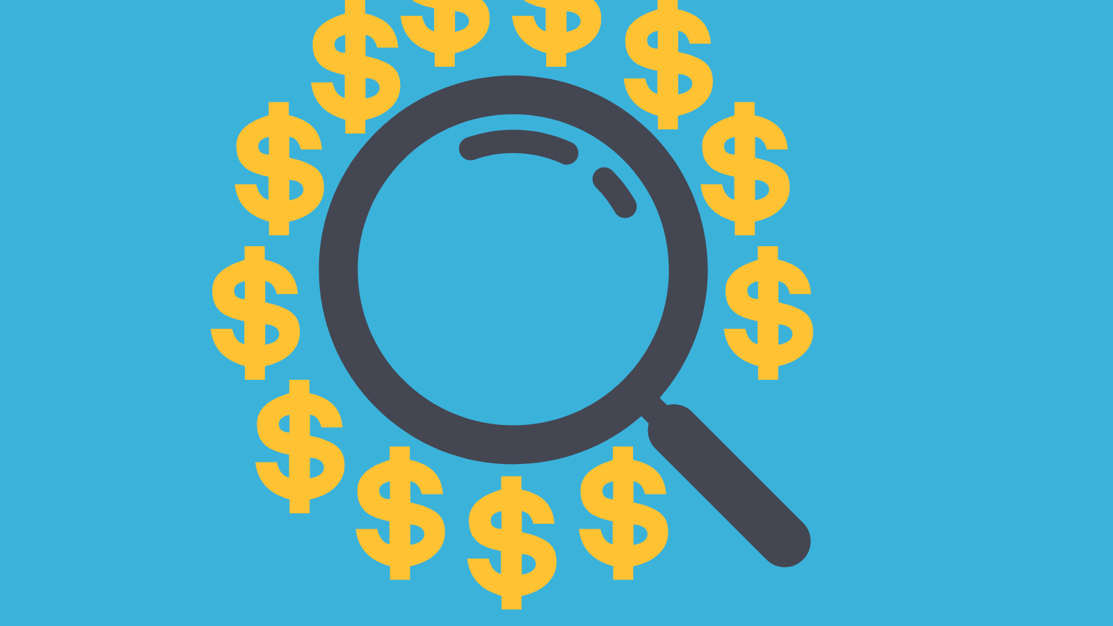A magnifying glass surrounded by dollar signs