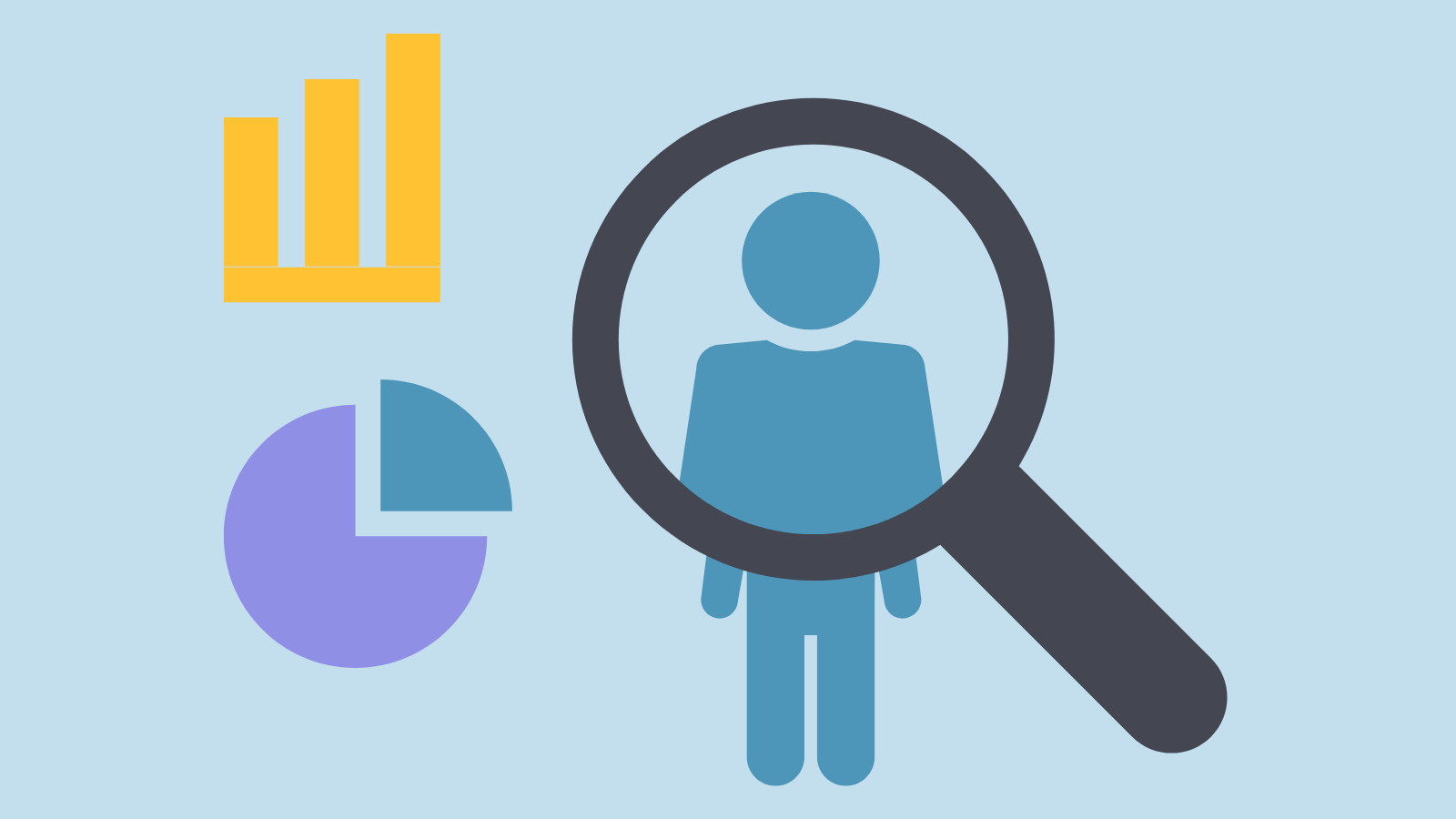 A magnifying glass zooms in on a stick figure next to a bar graph and a pie chart