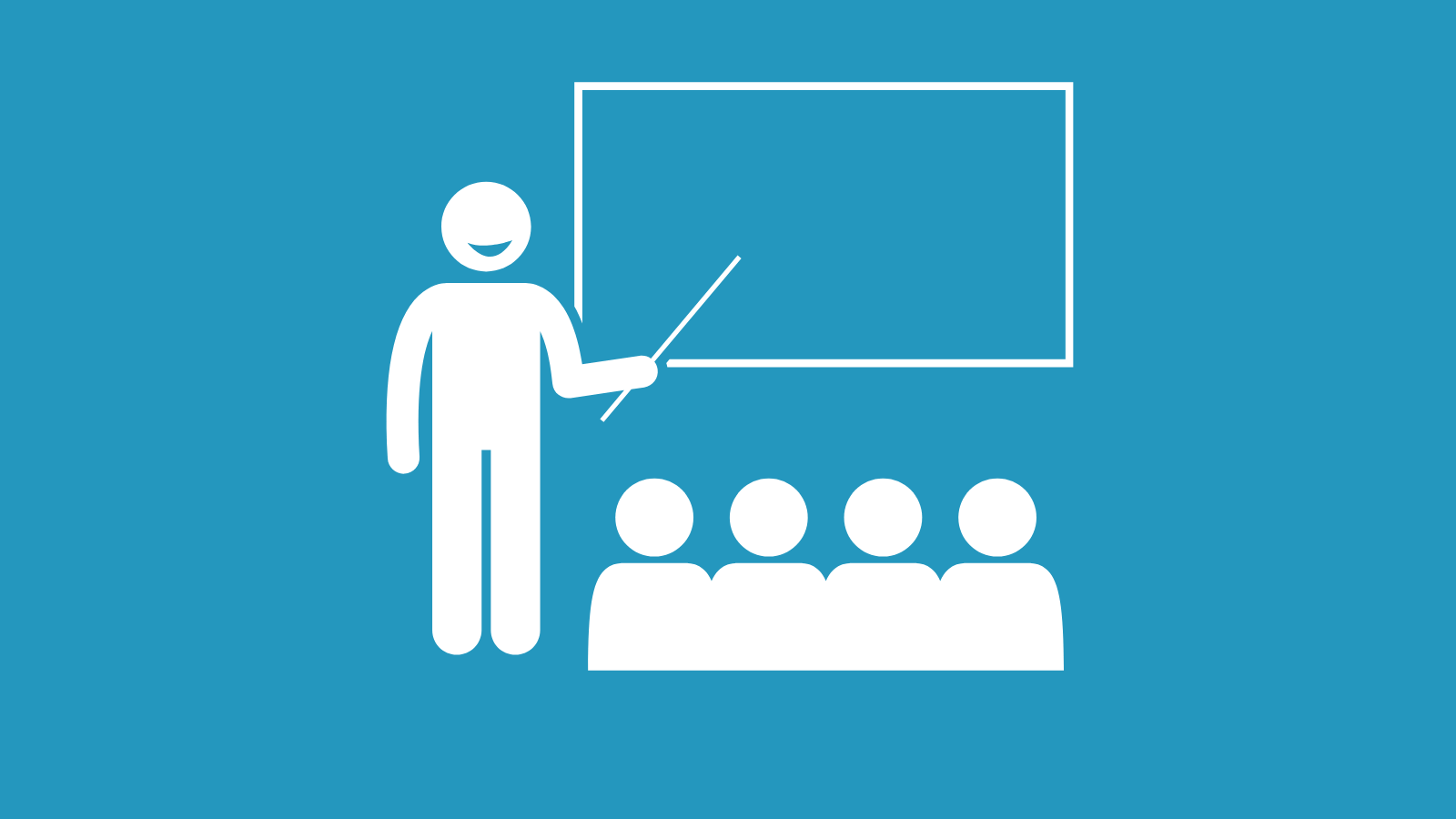 A minimal graphic of a teacher pointing at a chalk board while students watch