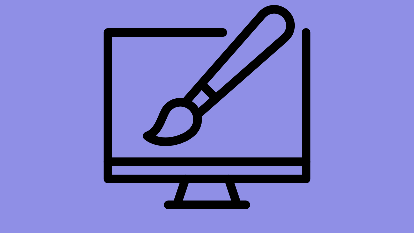 A minimalist graphic of a computer with a paint brush in front of the screen
