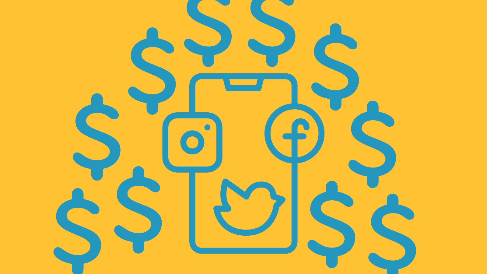 A minimalist graphic of a phone displaying Twitter, Instagram, and Facebook logos surrounded by dollar signs
