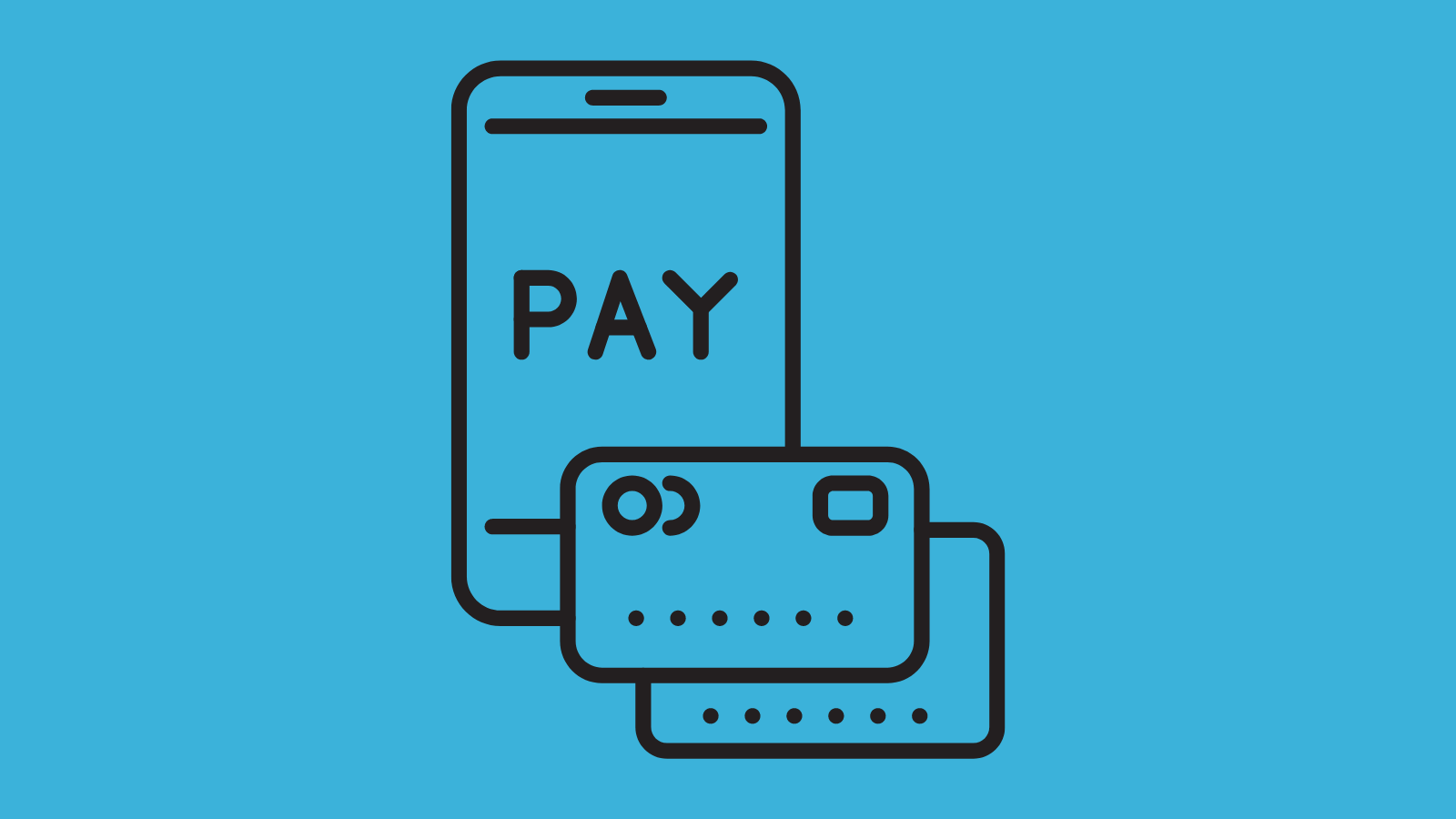 A minimalist graphic of a smartphone displaying the word PAY on the screen and two credit cards on the side