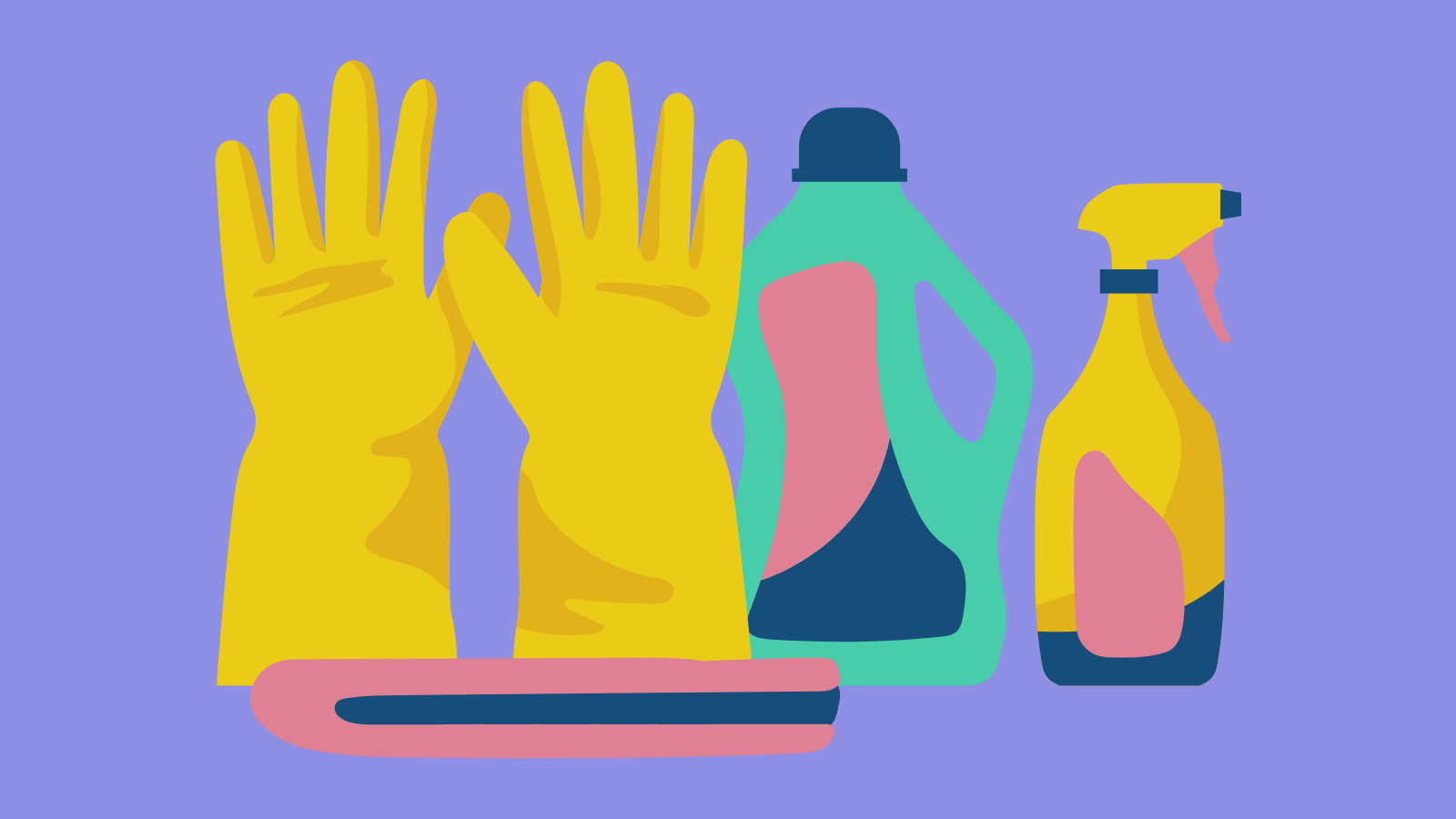 A pair of cleaning gloves, a bottle of bleach, a spray bottle, and a towel
