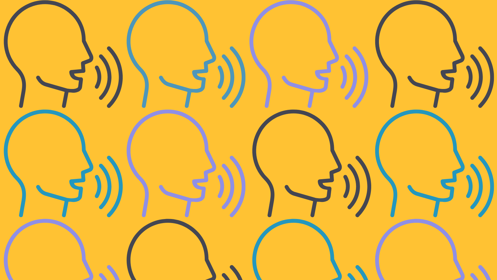 A pattern of minimalist graphics of a person speaking