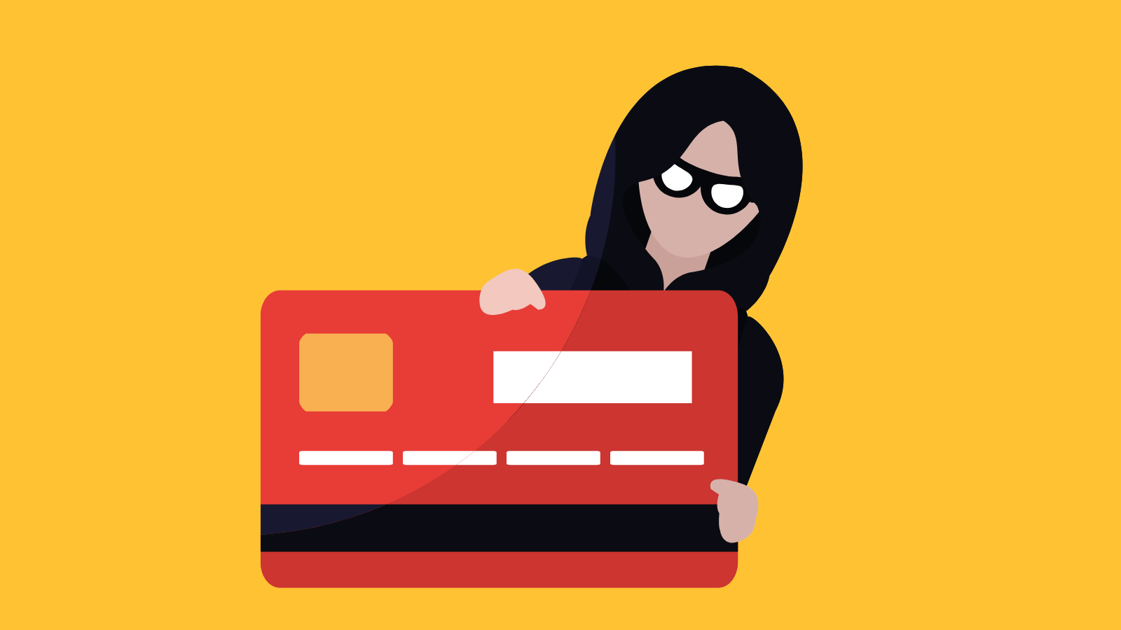 A person in sunglasses and a black hoodie hiding behind a giant credit card