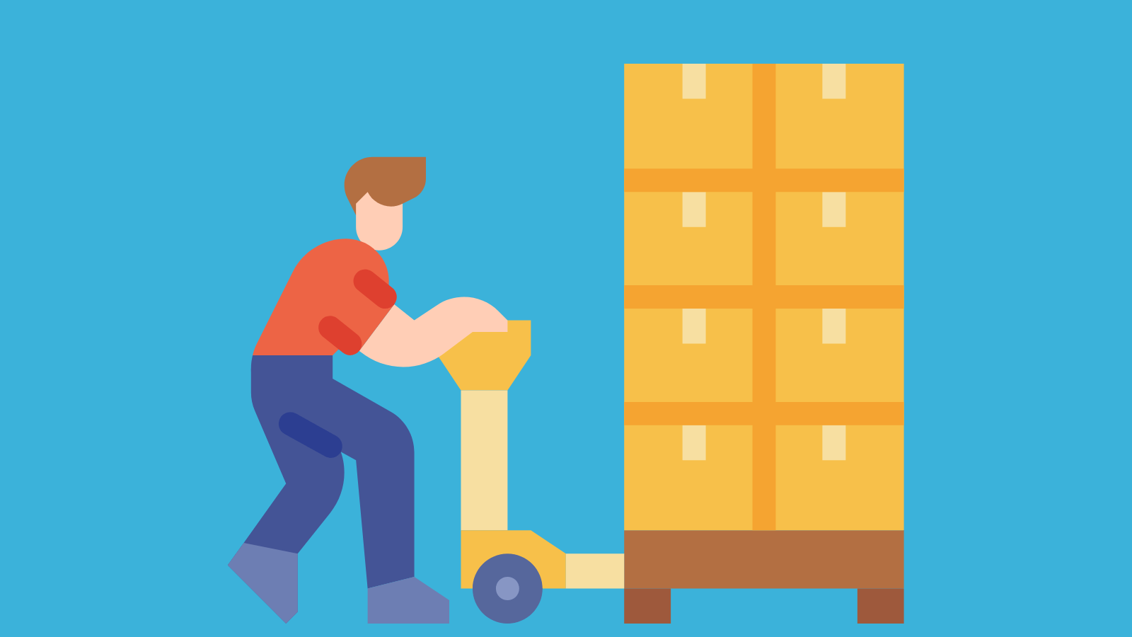 A person moving a pallet of boxes