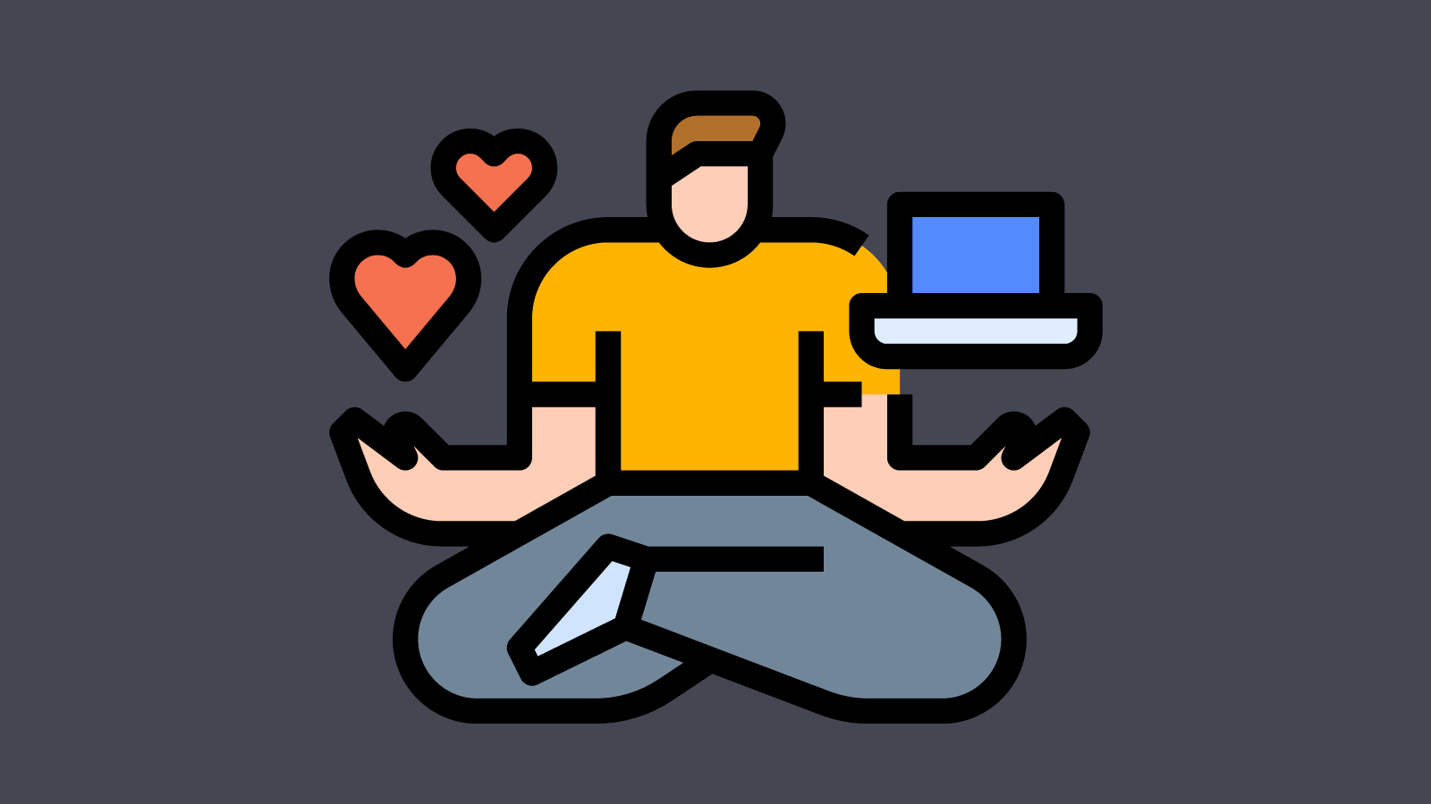 A person sitting cross-legged with a laptop in one hand and a heart in the other
