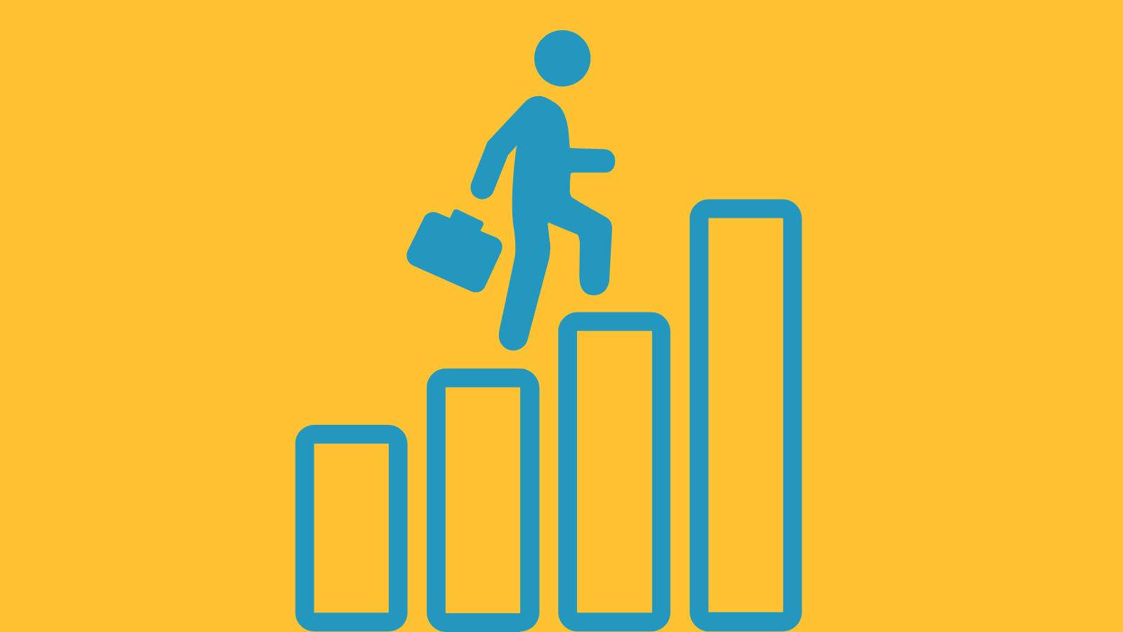 A person walking up the steps of a bar graph carrying a briefcase