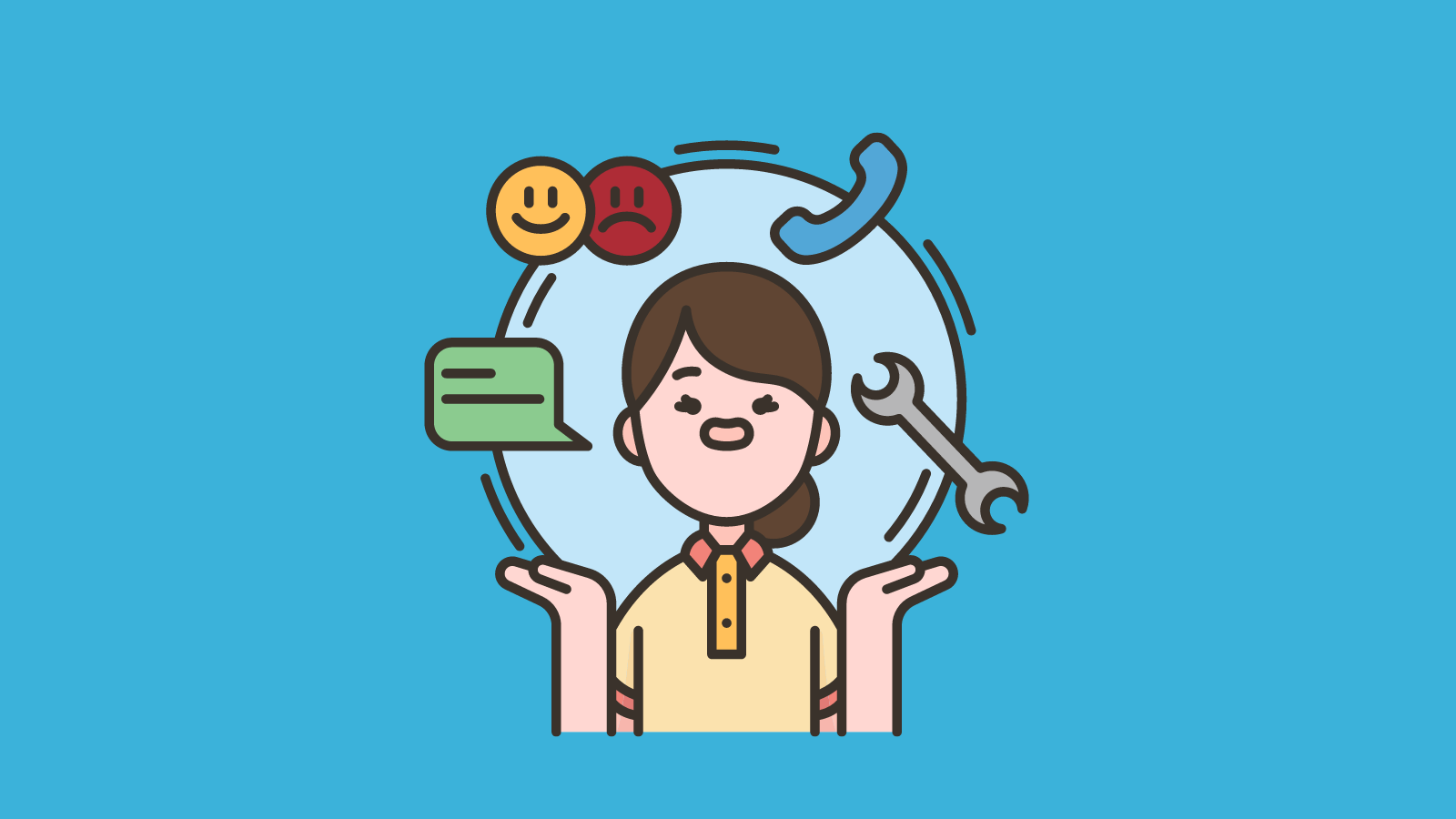 A person with icons of a smiley face, a sad face, a speech bubble, and phone, and a wrench around their head