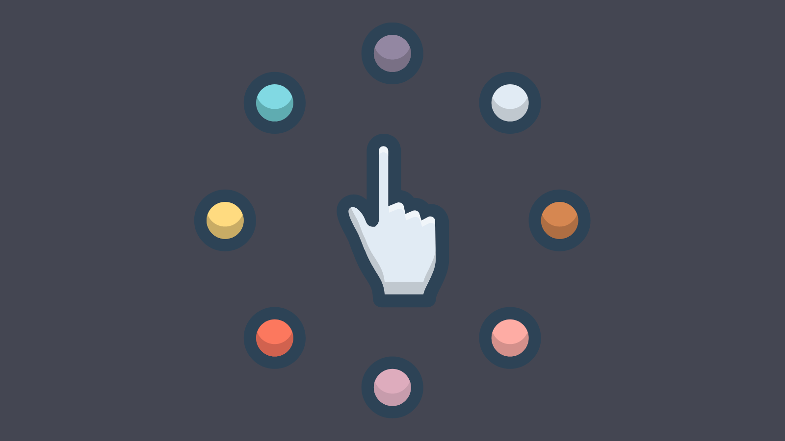 A pointer finger icon surrounded by circles of various colors
