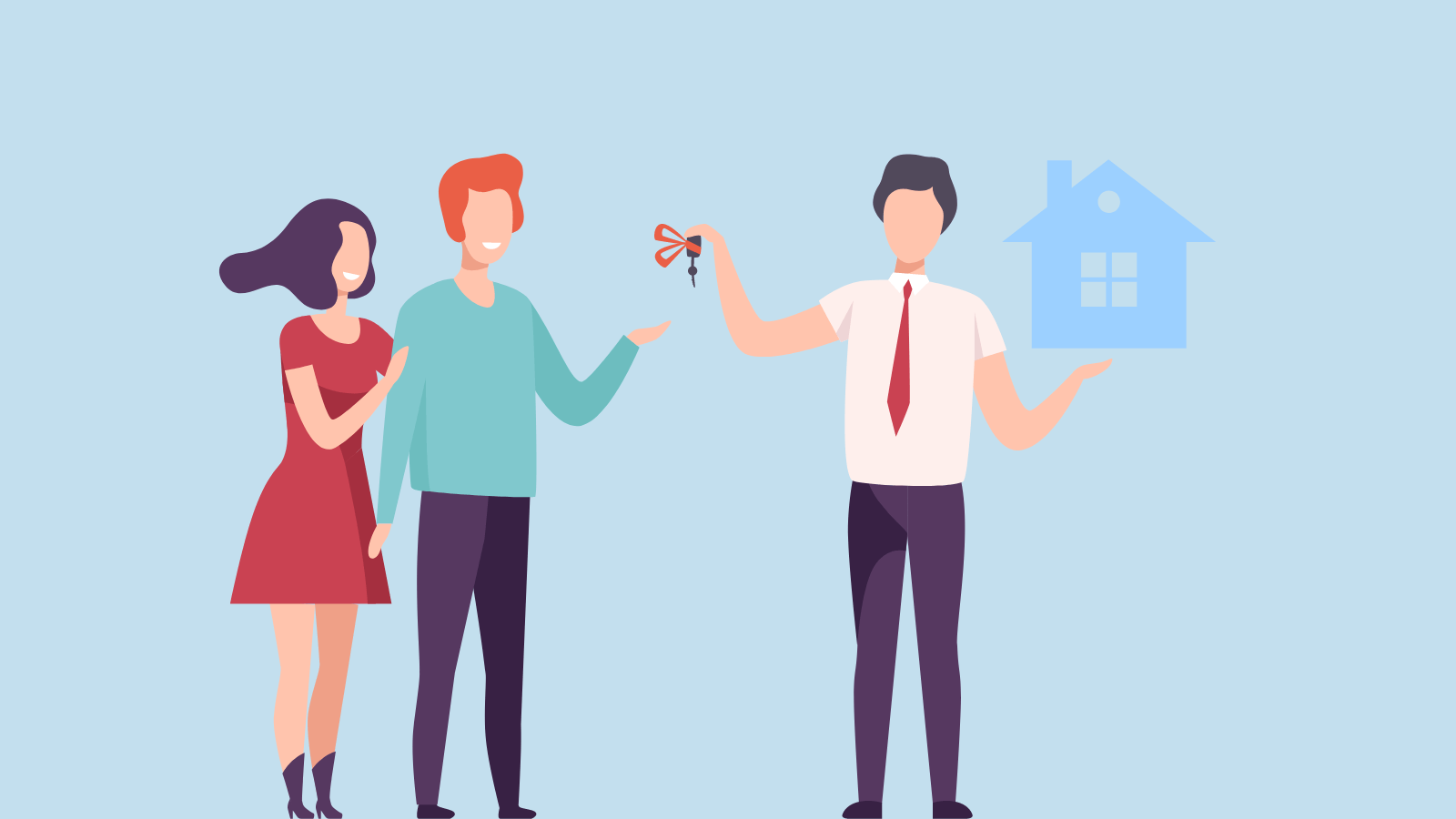 A real estate agent presenting a model of a house and keys to a couple
