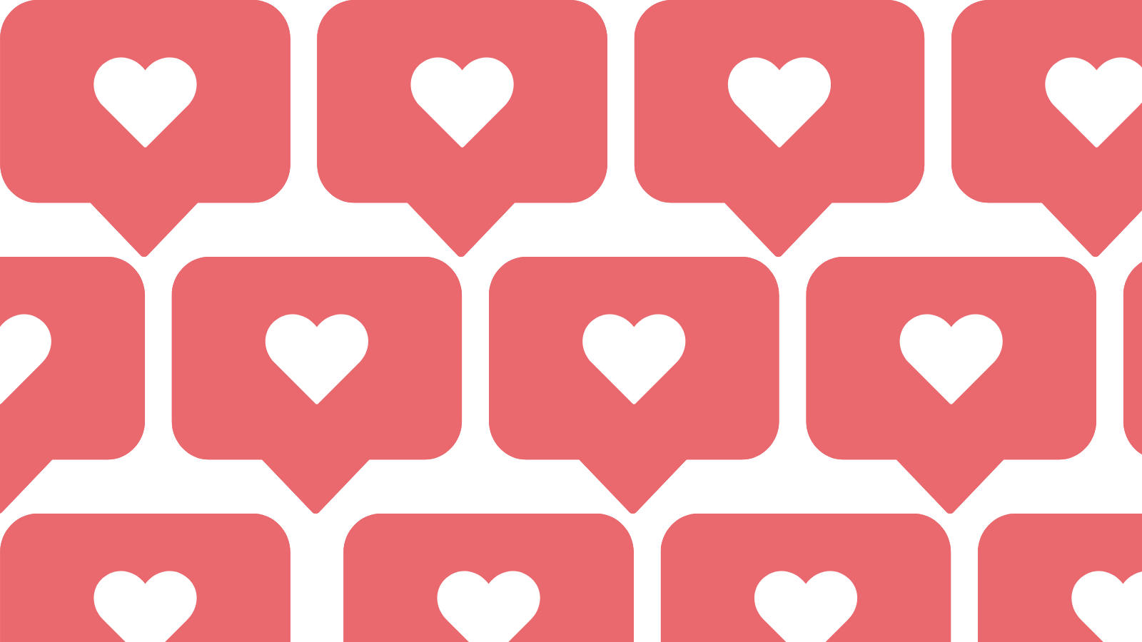 A repeating pattern of Instagram like notifications, a white heart in a pink speech bubble