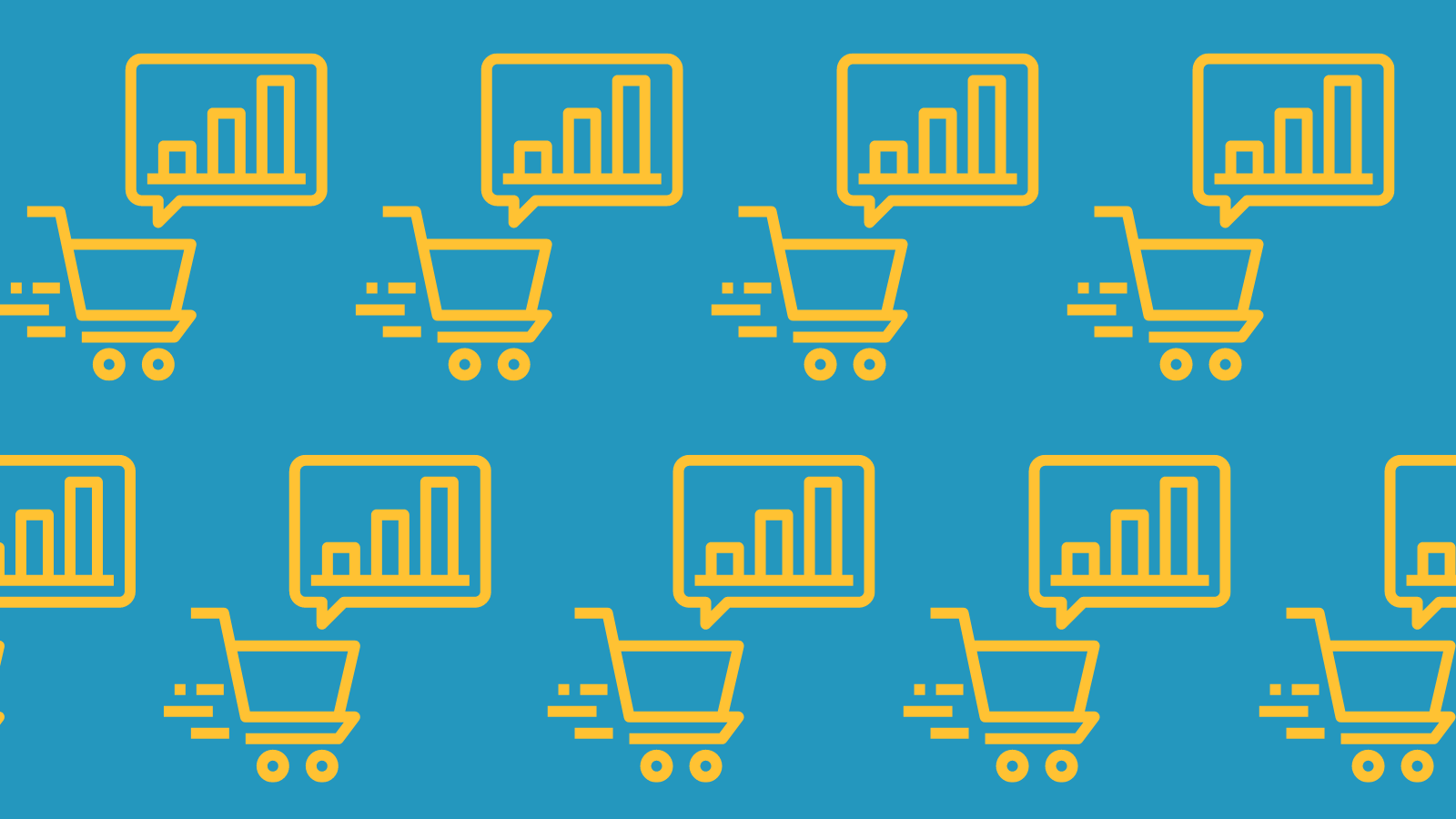 A repeating pattern of graphics of a shopping cart and a speech bubble with an upward bar graph in it