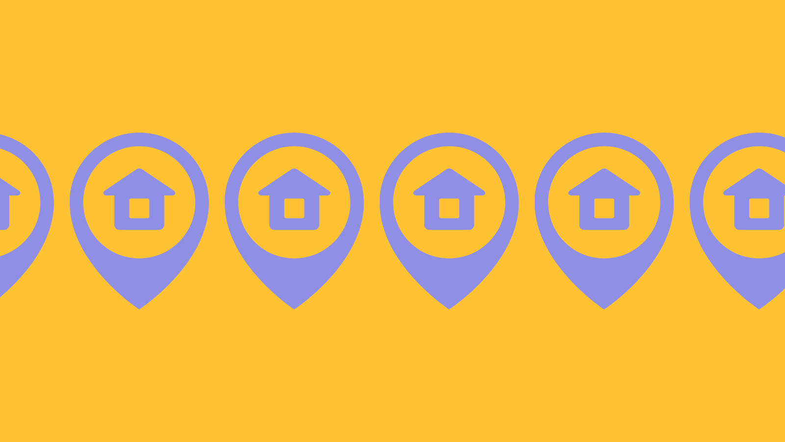 A row of location pins with home icons in the middle