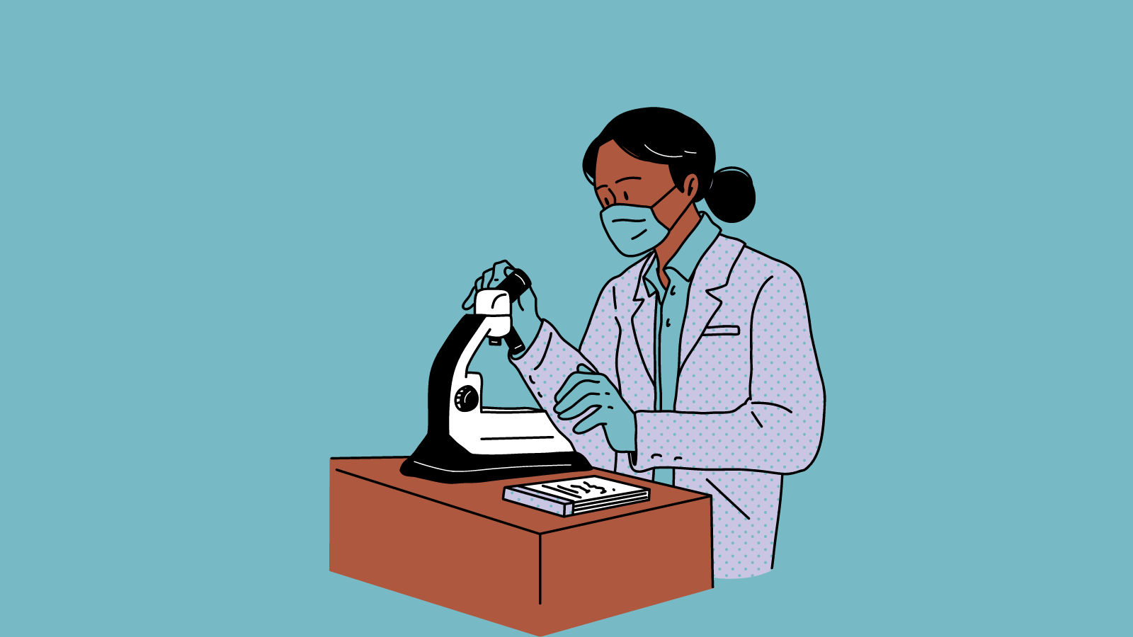 A scientist in a lab coat using a microscope