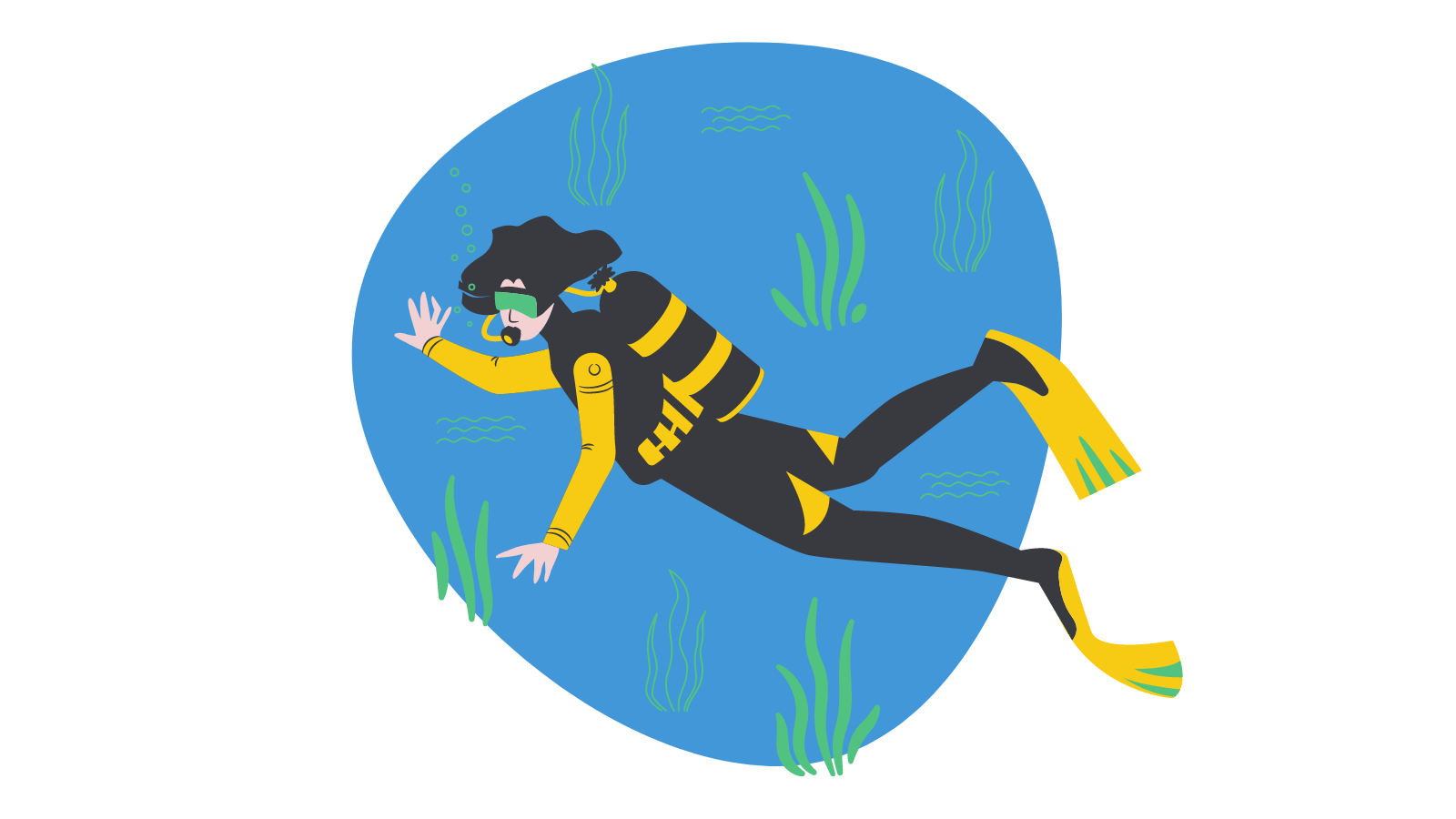 A scuba diver surrounded by seaweed