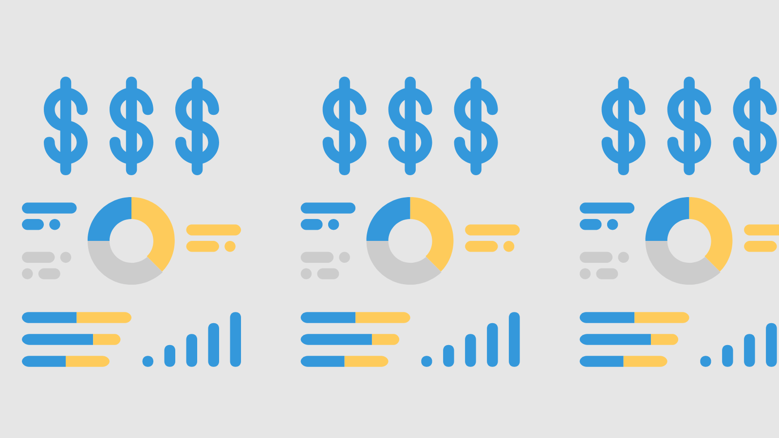 A sheet of paper with dollar signs, a pie chart, and implied bar graphs