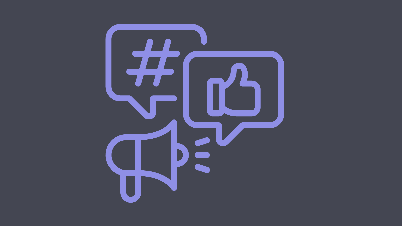 A simple line drawing of a megaphone with two speech bubbles pointing towards it one with a hashtag and one with a thumbs up icon