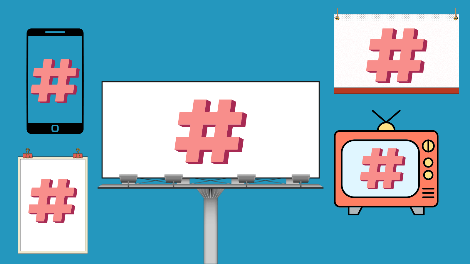 A smartphone, a poster, a billboard, a sign, and a TV all displaying the same 3D hashtag