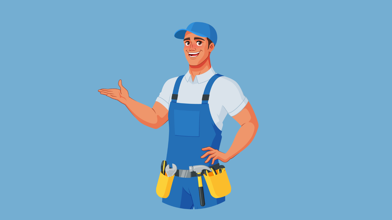 A smiling man wearing a tool belt