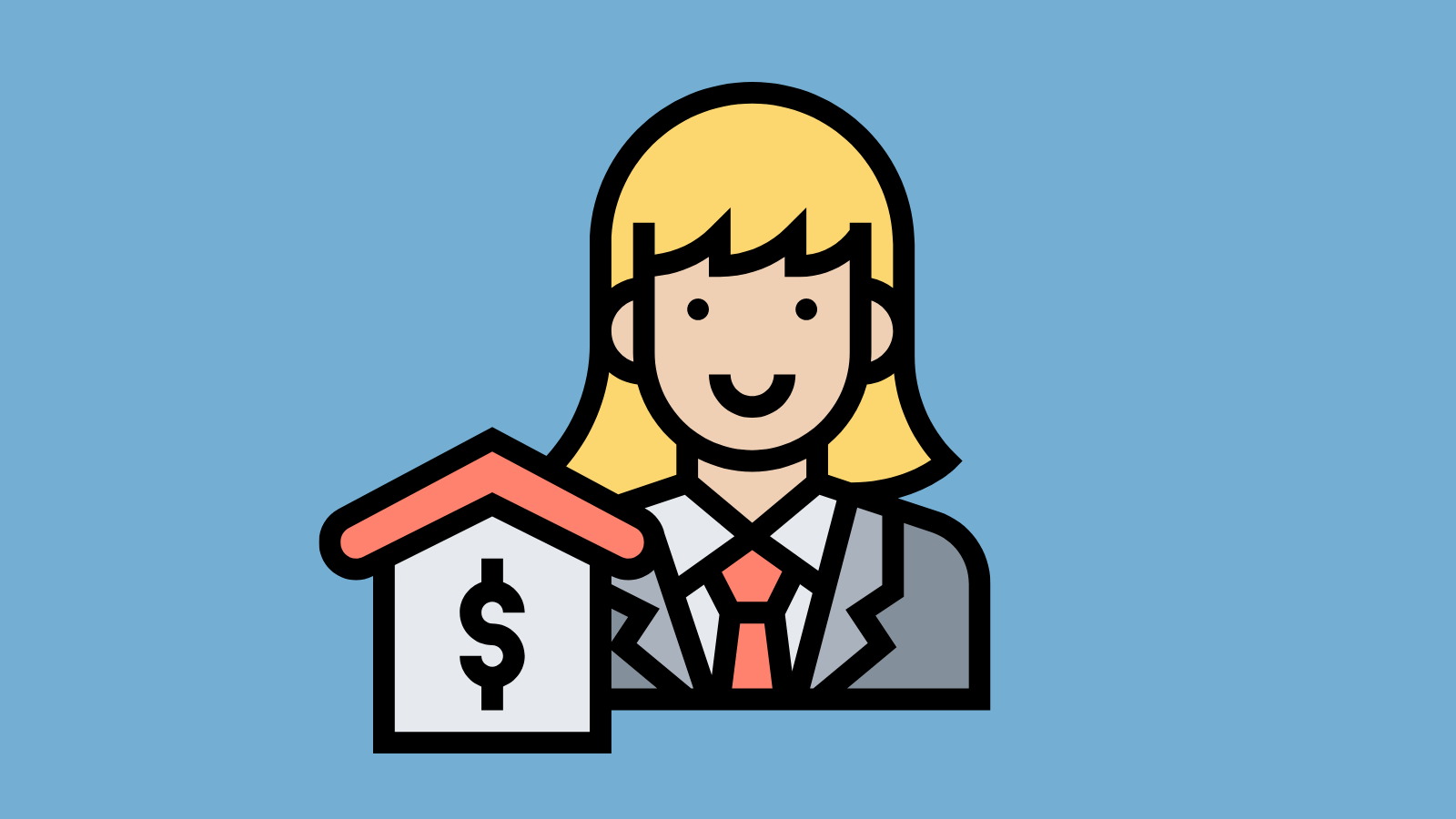 A smiling woman presenting a model of a house with a dollar sign on it 