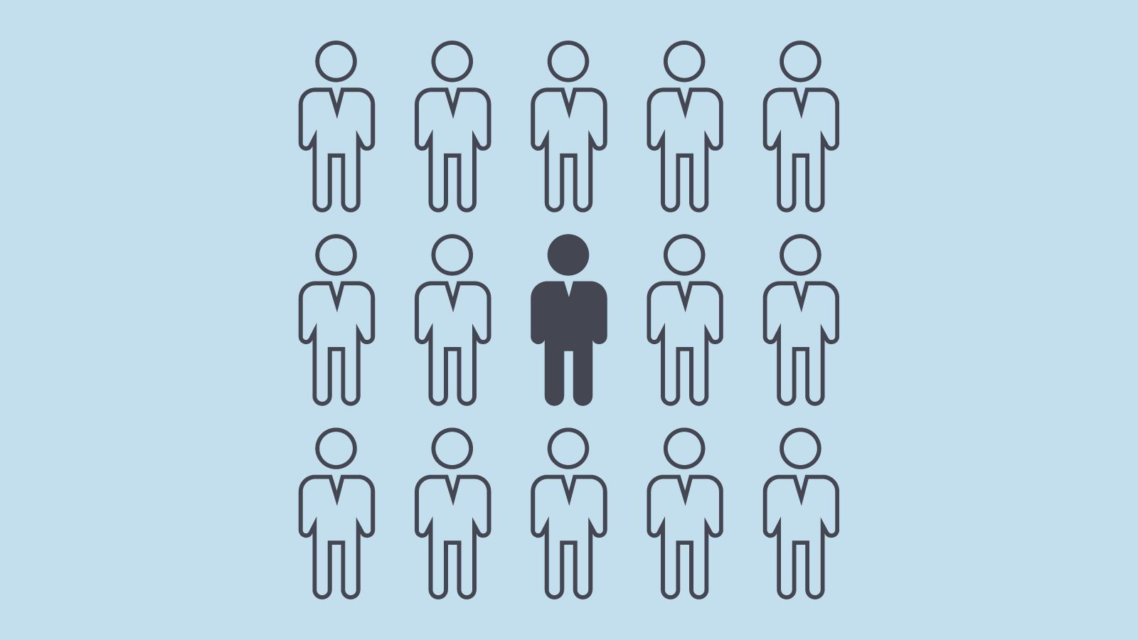 A square of minimalist graphics of people. The people on the outside are just outlines and the one in the center is filled in